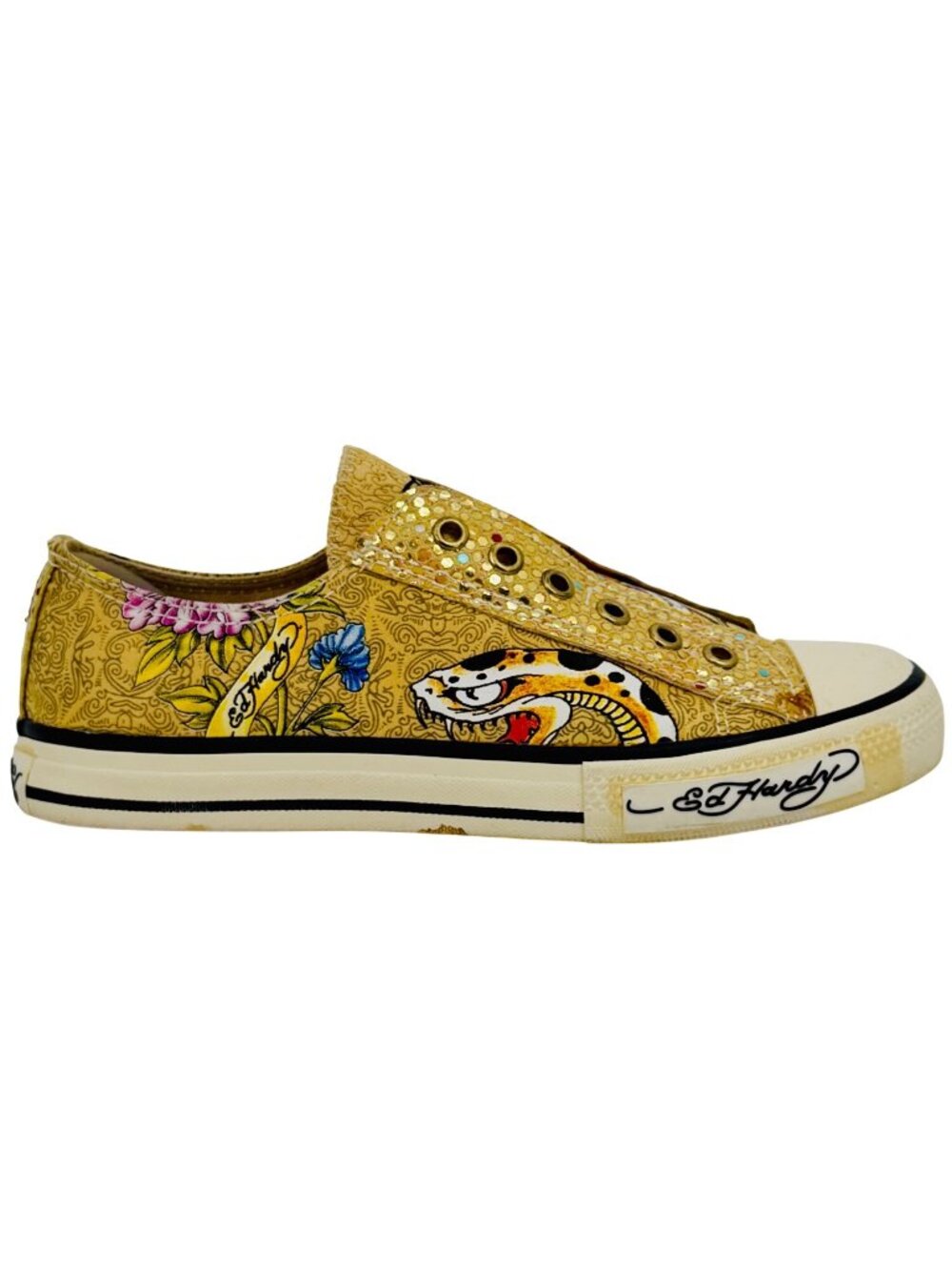 Vtg Y2K Ed Hardy Yellow Canvas Sneakers| McBling Grunge Sleaze Baddie Streetwear - Picture 11 of 16